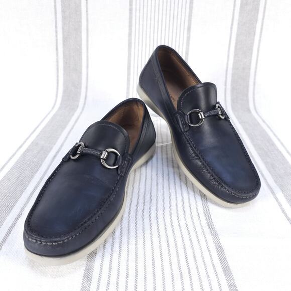 MAGNANNI Shoes Mens 8.5 Navy Blue Leather Bit Marbella Loafers Preppy Docksiders - Picture 1 of 14